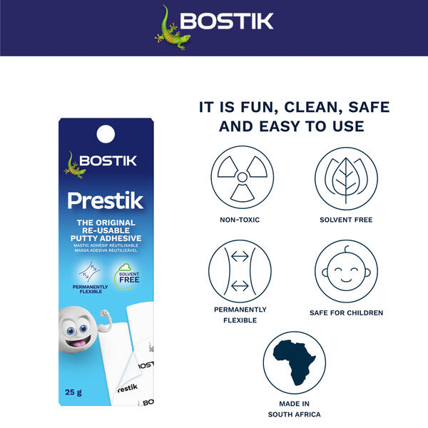 Bostik South Africa Prestik featuring non-toxic, solvent-free, permanently flexible properties and safe-for-children formulation for everyday use.