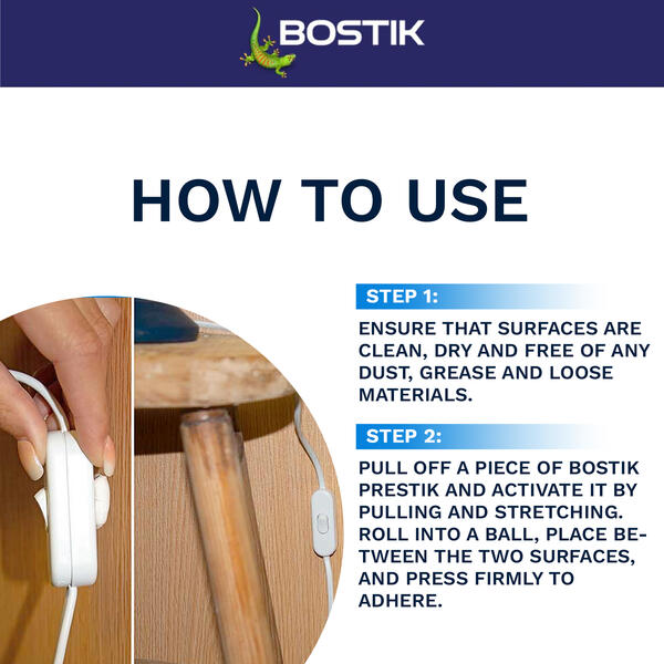Bostik South Africa Prestik showing application instructions: ensure surfaces are clean and dry, stretch the putty, roll into a ball, place between surfaces, and press firmly.