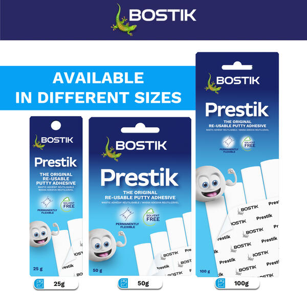 Bostik South Africa Prestik available in multiple pack sizes including 25g, 50g, and 100g reusable adhesive putty for home, school, and office applications.