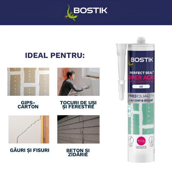 Bostik Perfect Seal Super Acril alb, chit acrilic cu aderență excelentă pe gips-carton, piatră, beton, metal, cărămidă și lemn, pentru aplicații de interior.