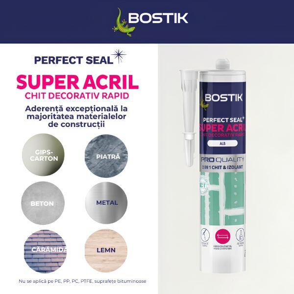 Cartuș Bostik Perfect Seal Super Acril alb, chit și izolant 2 în 1 pentru umplerea rosturilor, fisurilor și finisajelor decorative în construcții și renovări.