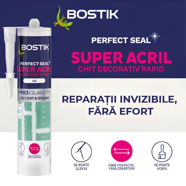 Instrucțiuni de utilizare pentru Bostik Perfect Seal Super Acril, prezentând pregătirea cartușului, aplicarea etanșantului și netezirea rostului pentru un finisaj uniform.