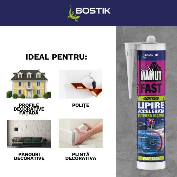 Mamut Fast adhesive packshot showing a 290 ml cartridge in white, designed for fast bonding applications for interior and exterior use. The graphic highlights a linear application length of up to 8 meters with a 5 mm bead.