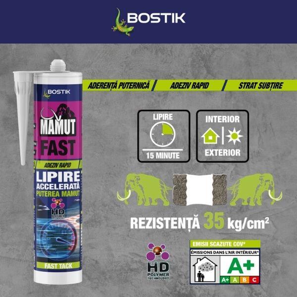 Mamut Fast adhesive technical benefits graphic highlighting strong adhesion, fast bonding in 15 minutes, suitability for indoor and outdoor use, thin-layer application, bonding strength of 35 kg/cm², HD Polymer technology, and low VOC emissions with an A+ indoor air rating.