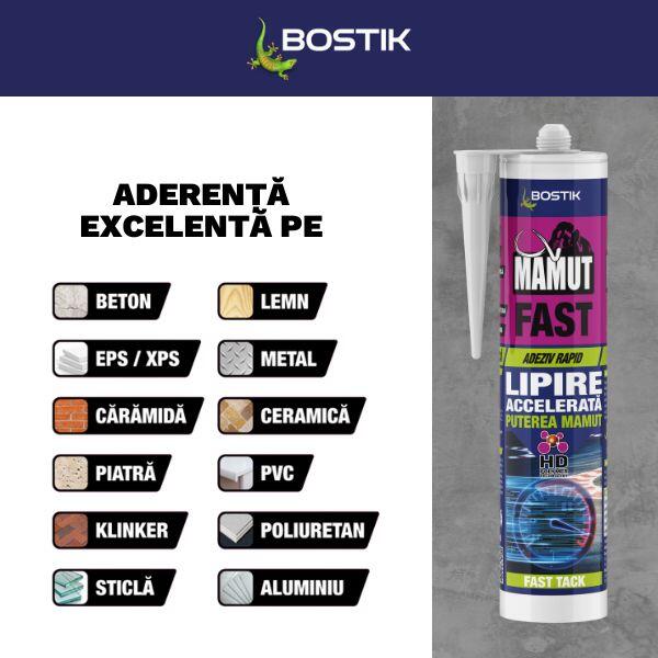 Mamut Fast adhesive benefits infographic highlighting rapid initial grab, strong adhesion without primers on most surfaces, suitability for vertical applications without slipping, paintability after curing, resistance to moisture and weather conditions, and indoor/outdoor use.