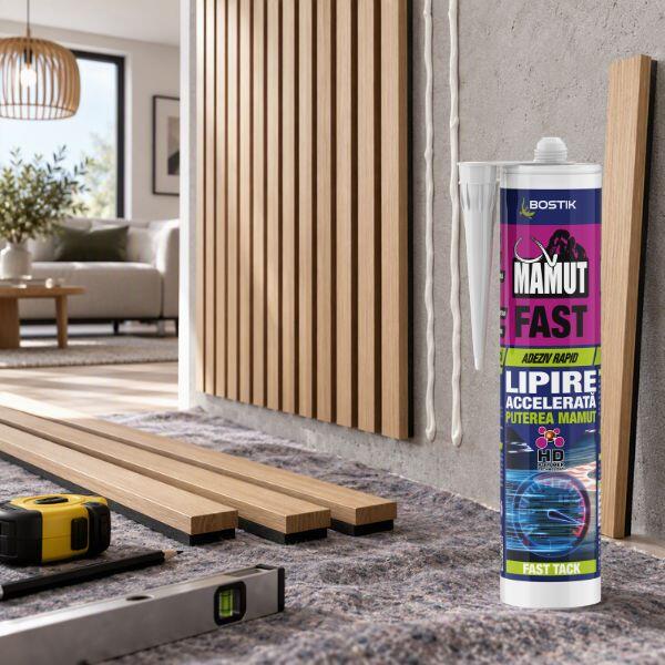 Mamut Fast adhesive compatibility chart showing excellent adhesion to multiple materials, including concrete, wood, EPS/XPS insulation boards, metal, brick, ceramic, stone, PVC, clinker, polyurethane, glass, and aluminum.