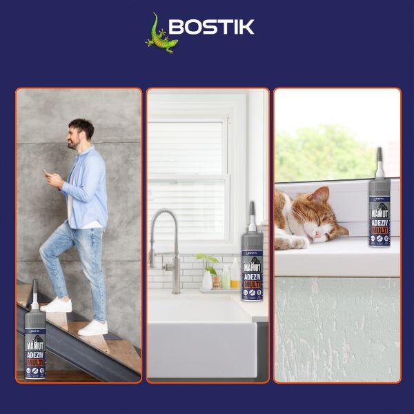 Mamut Multi adhesive showing adhesion to a wide range of materials, including metal, ceramic tiles, stone, concrete, cork, mirrors, glass, wood, brick, PVC, OSB boards, acoustic panels, and drywall profiles.