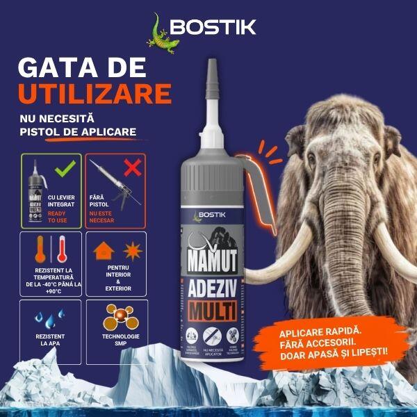 Mamut Multi pressure-pack adhesive highlighting ready-to-use application without a caulking gun. The graphic shows key features including water resistance, temperature resistance, indoor and outdoor use, and SMP technology, alongside a mammoth illustration and the adhesive bottle.