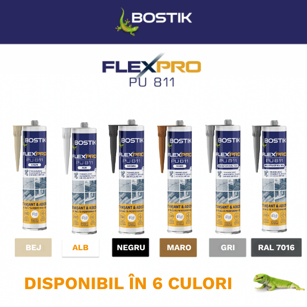 FlexPro PU 811 adhesive and sealant graphic highlighting multiple applications, including expansion joints, sealing joints, connection joints, roof tile bonding, crack sealing, and flooring installation. The product cartridge is displayed alongside building and construction applications.