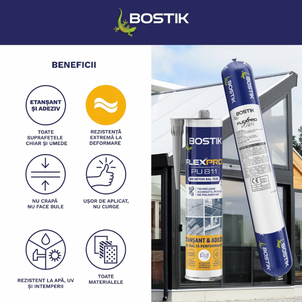 FlexPro PU 811 product information graphic featuring the back label of the 300 ml cartridge, highlighting high-performance polyurethane sealant and adhesive properties, indoor air emission rating A+, and manufacturing in France.