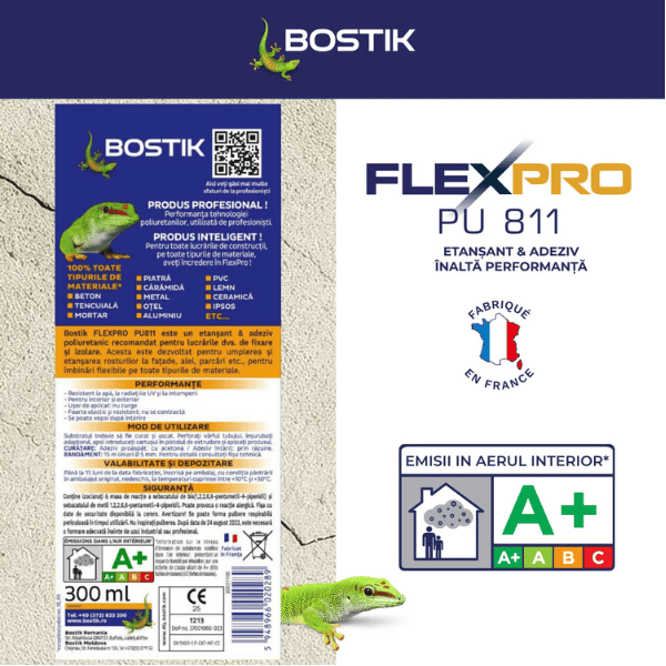 FlexPro PU 811 benefits infographic showing suitability as both a sealant and adhesive, compatibility with all materials including damp surfaces, high flexibility and deformation resistance, easy non-sag application, and resistance to water, UV exposure, and weather conditions. The image also displays the cartridge and sausage pack formats alongside a building application background.