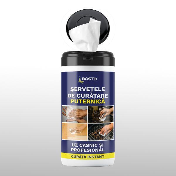 Bostik Powerful Cleaning Wipes packshot highlighting instant cleaning of dirt and stubborn residues. The graphic lists effective removal of fresh adhesives, oil, grease, silicone, and persistent dirt for both household and professional use.