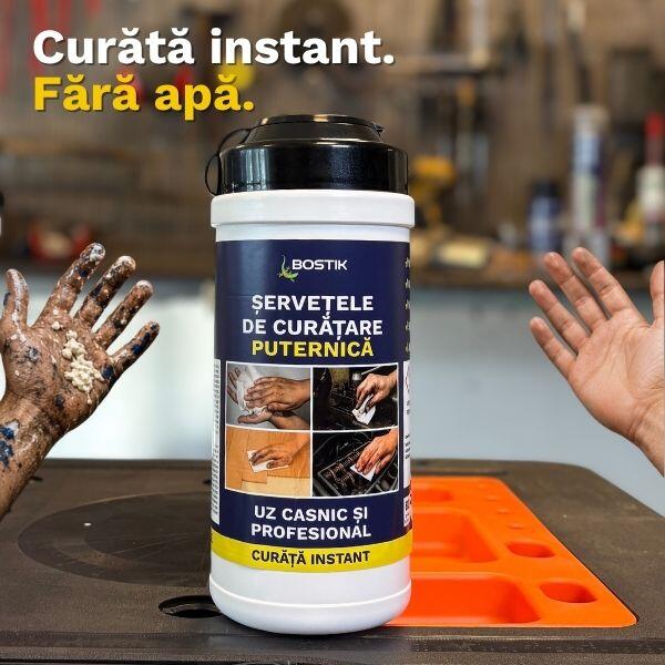 Bostik Powerful Cleaning Wipes shown in a workshop environment, emphasizing instant cleaning without water. The product container is displayed between dirty and clean hands to illustrate cleaning performance.