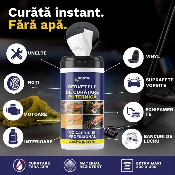Bostik Powerful Cleaning Wipes application infographic showing recommended uses on tools, wheels, engines, vehicle interiors, vinyl surfaces, painted surfaces, equipment, and workbenches. The graphic highlights water-free cleaning, durable wipe material, and extra-large 200 × 300 mm wipes.