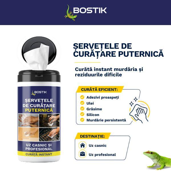 Bostik Powerful Cleaning Wipes compatibility graphic showing suitable surfaces including metal, plastic, glass, varnished wood, ceramic, and tools. The wipes container is displayed with an open dispensing lid.