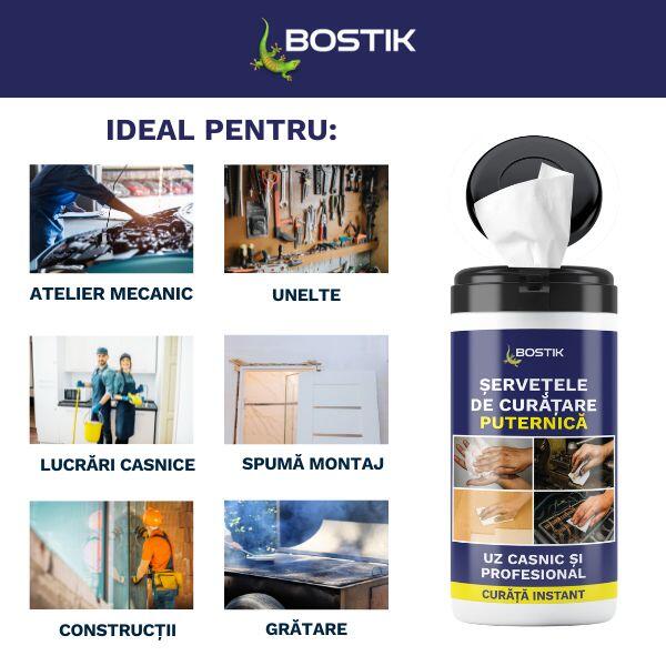 Bostik Powerful Cleaning Wipes benefits infographic highlighting effective cleaning of tools and equipment, ready-to-use pre-moistened wipes, no rinsing required, residue-free cleaning, and strong dirt removal while remaining gentle on hands.