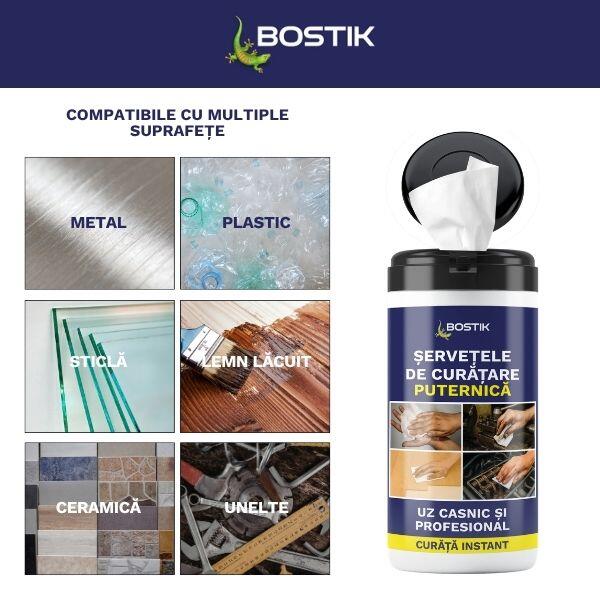 Bostik Powerful Cleaning Wipes application graphic showing recommended uses in mechanical workshops, tool cleaning, household cleaning, construction projects, removal of монтаж foam residues, and barbecue cleaning. The product container is displayed alongside the different application areas.