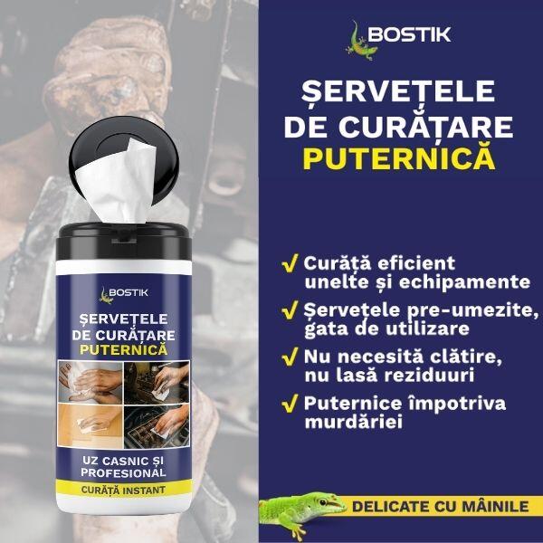 Bostik Powerful Cleaning Wipes product packshot showing a dispensing canister with pre-moistened cleaning wipes for household and professional use. The packaging highlights instant cleaning performance and features images of wipe applications for hand, surface, and tool cleaning.