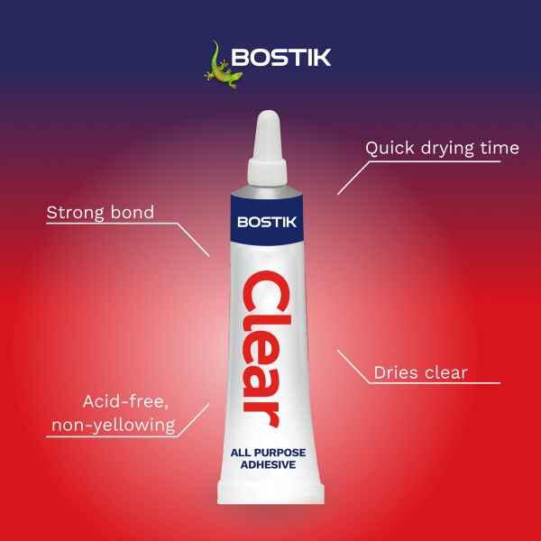 Bostik Clear Adhesive with strong bond, quick drying performance, clear finish and acid-free non-yellowing formula.