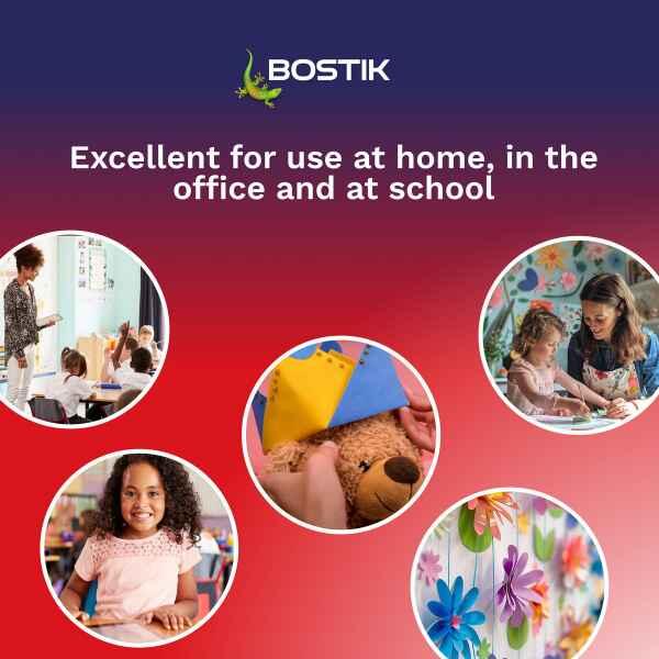 Bostik Clear Adhesive used for school projects, arts and crafts, office tasks and creative home applications.