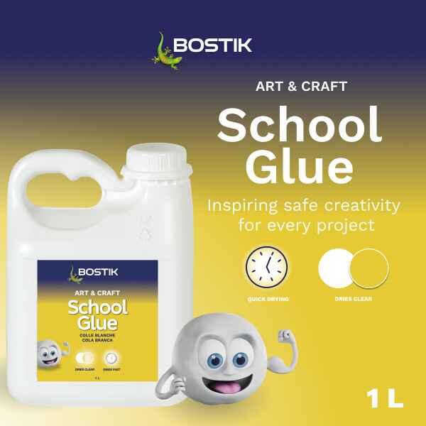 Bostik School Glue 1L for arts, crafts and school projects with quick drying and clear drying performance.