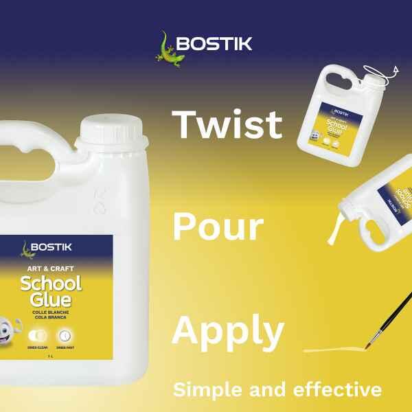 Bostik School Glue application showing simple twist, pour and apply steps for arts, crafts and classroom projects.