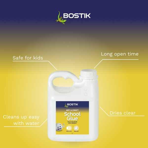 Bostik School Glue with child-safe formula, easy water cleanup, long open time and clear drying finish.