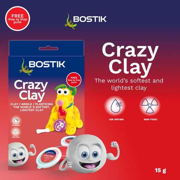 Bostik Crazy Clay available in red, black, yellow, white, blue and purple, ideal for sensory play and creative activities.