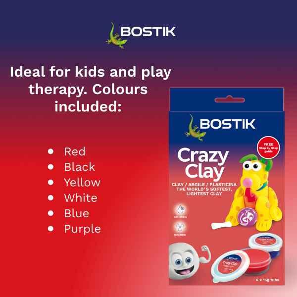 Bostik Crazy Clay air-drying modelling clay with soft texture, non-toxic formula and six vibrant colours for creative play.
