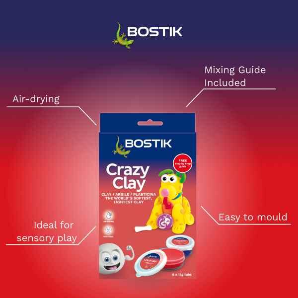 Bostik Crazy Clay features air-drying performance, easy moulding texture, sensory play benefits and colour mixing guide.