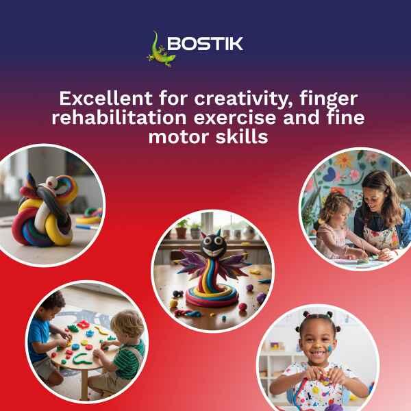 Bostik Crazy Clay supports creativity, sensory development, fine motor skills and finger rehabilitation activities for children.