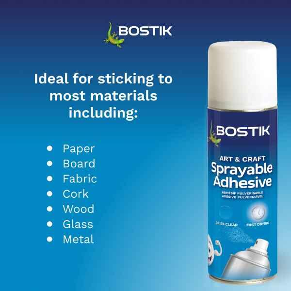 Bostik Art & Craft Sprayable Adhesive suitable for paper, board, fabric, cork, wood, glass and metal.