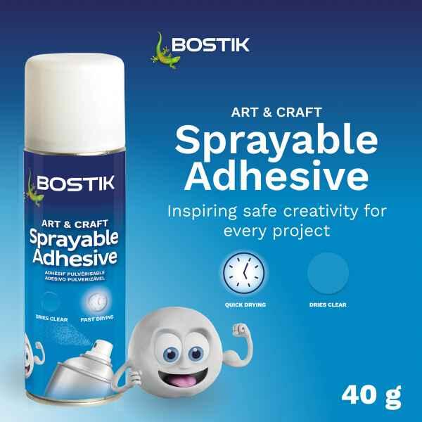 Bostik Art & Craft Sprayable Adhesive 40g aerosol can for fast-drying, clear-bonding craft and DIY projects.