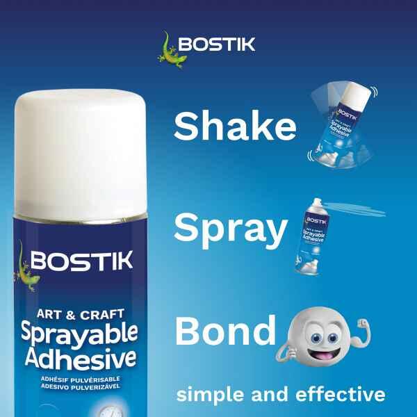 Bostik Art & Craft Sprayable Adhesive with simple shake, spray and bond application process.
