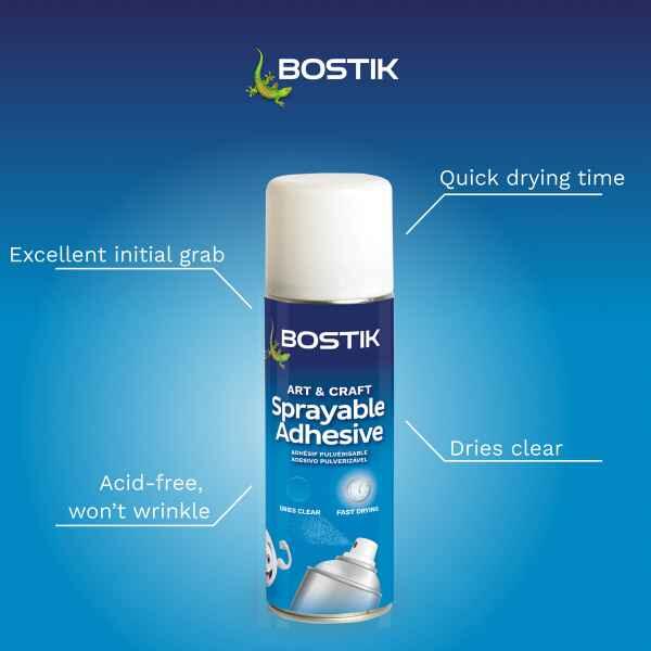 Bostik Art & Craft Sprayable Adhesive with excellent initial grab, quick drying time, acid-free formula and clear finish.