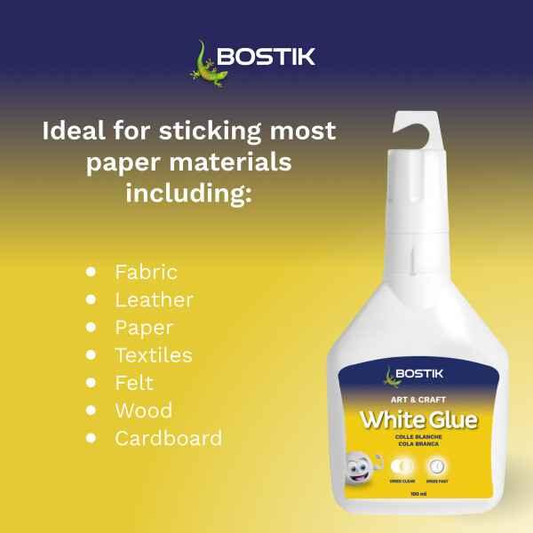 Bostik White Glue 100ml for arts, crafts and school projects, featuring quick drying, clear drying adhesive for paper materials.