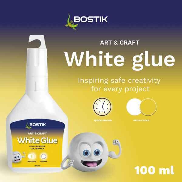 Bostik White Glue suitable for paper, cardboard, wood, fabric, felt, leather and textile craft applications.