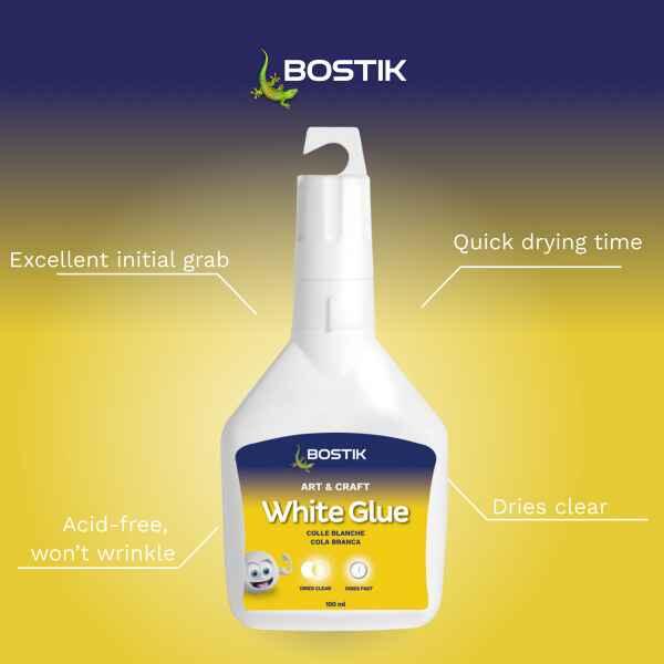 Bostik White Glue with excellent initial grab, quick drying formula, acid-free composition and clear drying finish.