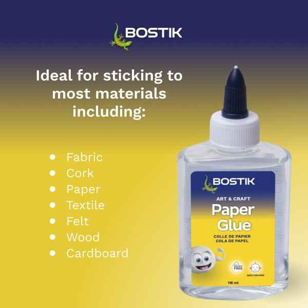 Bostik South Africa Art & Craft Paper Glue suitable for bonding fabric, cork, paper, textile, felt, wood, and cardboard for creative projects.