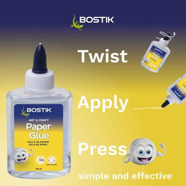 Bostik South Africa Art & Craft Paper Glue showing simple use steps: twist cap, apply glue, and press materials together for a secure bond.