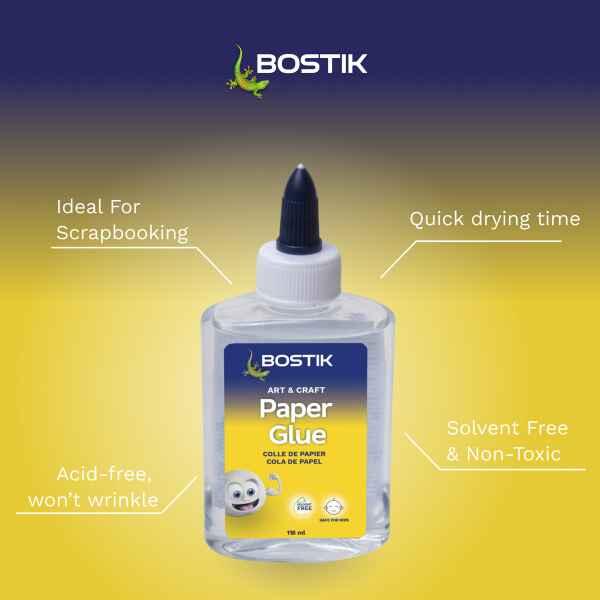 Bostik South Africa Art & Craft Paper Glue featuring quick drying performance, acid-free formula, non-toxic composition, and wrinkle-free results.