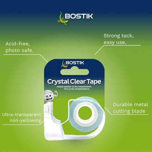 Bostik Crystal Clear Tape with acid-free adhesive, child-safe design and ultra-transparent finish in dispenser format.