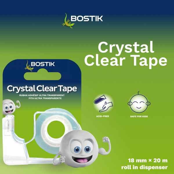 Bostik Crystal Clear Tape features strong tack, acid-free adhesive, photo-safe performance and durable metal cutter.