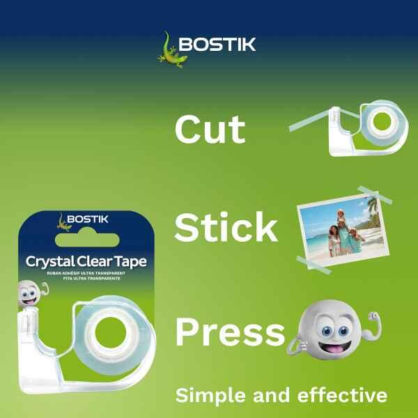 Bostik Crystal Clear Tape application showing cut, stick and press steps for everyday sealing, repairs and crafts.