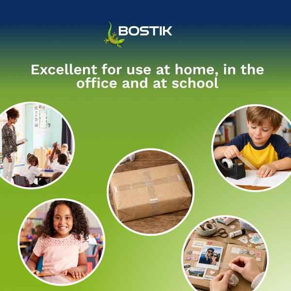 Bostik Crystal Clear Tape for school projects, office tasks, gift wrapping, scrapbooking and parcel sealing applications.