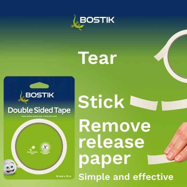 Bostik Double Sided Tape application showing tear, stick and remove release paper steps for quick bonding.
