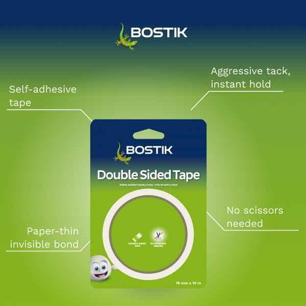 Bostik Double Sided Tape features instant hold, self-adhesive design, invisible bond and no scissors required.