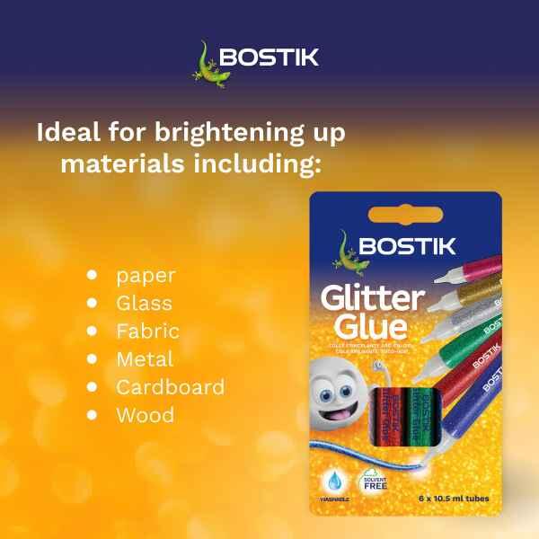 Bostik Glitter Glue in assorted colours for arts, crafts and school projects with washable and solvent-free formula.