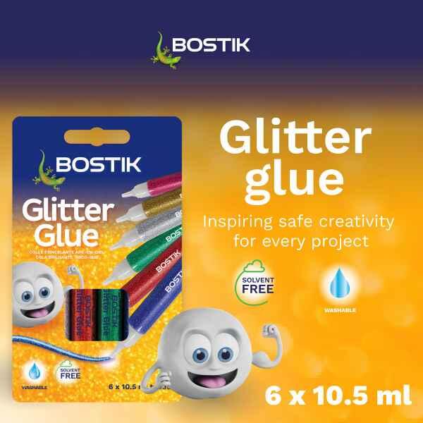 Bostik Glitter Glue suitable for paper, cardboard, fabric, wood, metal and glass craft applications.