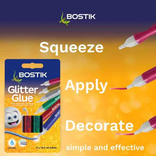 Bostik Glitter Glue application showing squeeze, apply and decorate steps for creative arts and craft projects.